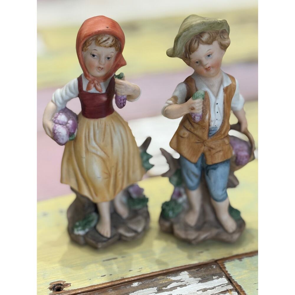 figurine bisque ceramics Boy and Girl gathering fruit grapes 6.5"